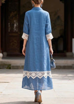 Elegant And Cozy Paneled Linen And Cotton Dress With Lace Trim