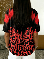 Women's Retro Color-block Leopard Print Casual Short-sleeve Cotton-linen Shirt With Polo Collar