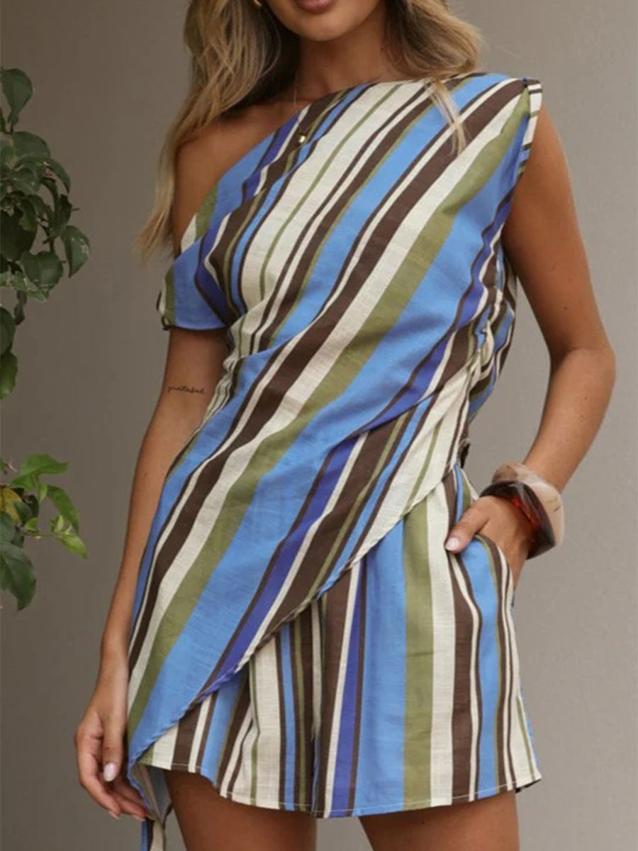Women's Printed Off-shoulder Loose Casual Top & Shorts Set
