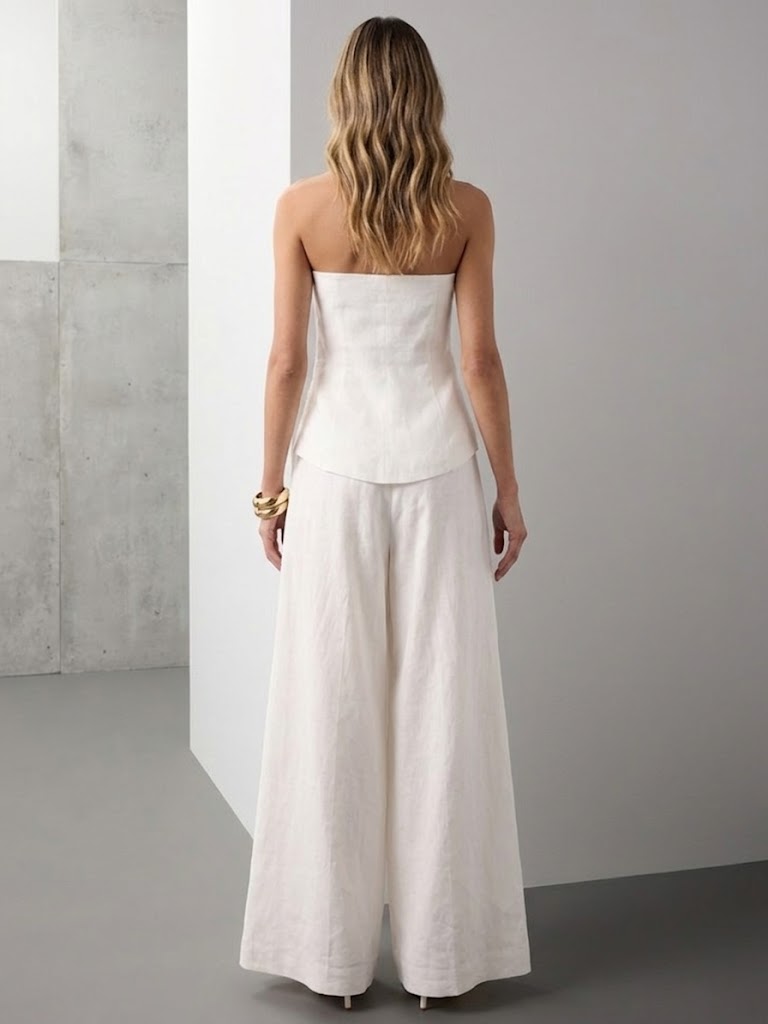 Women's Strapless Top And Wide-leg Pants Cotton And Linen Set