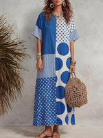 Loose-fitting Cotton Short-sleeve Dress Featuring Color-blocking, Polka Dots, And Stripes.