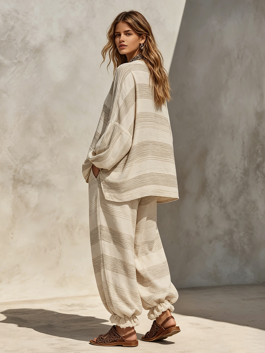 Boho Casual Vacation Style Striped Print Two-piece Set