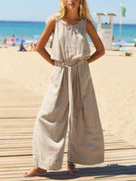 Women's Solid Color Art Casual Stylish Elegant Sleeveless Cotton Linen Jumpsuit