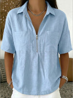 Camicia casual in lino e cotone con mezza zip