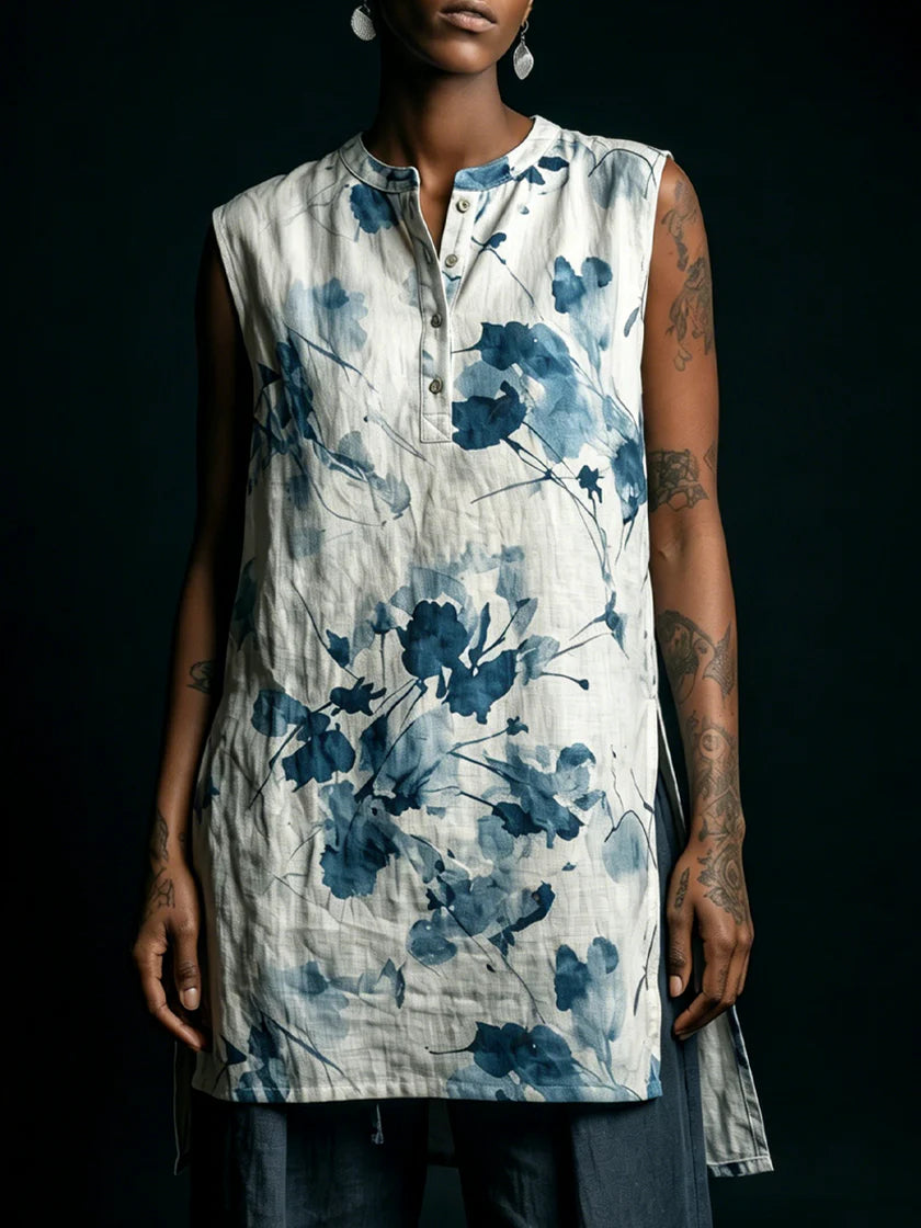 Casual Floral-print Linen And Cotton Sleeveless Shirt