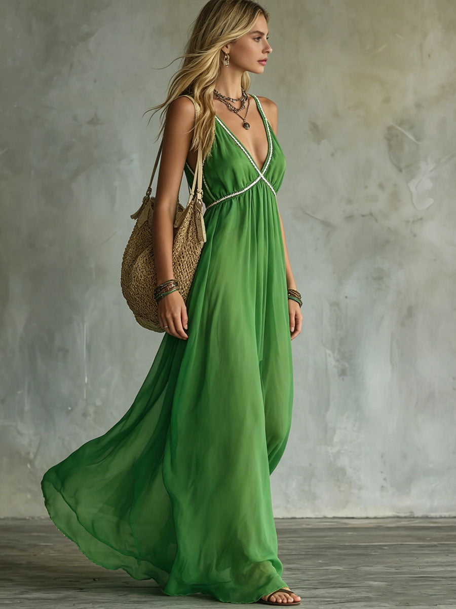 Women's Casual V-Neck Sleeveless A-Line Dress — Solid Color Chiffon Maxi Dress