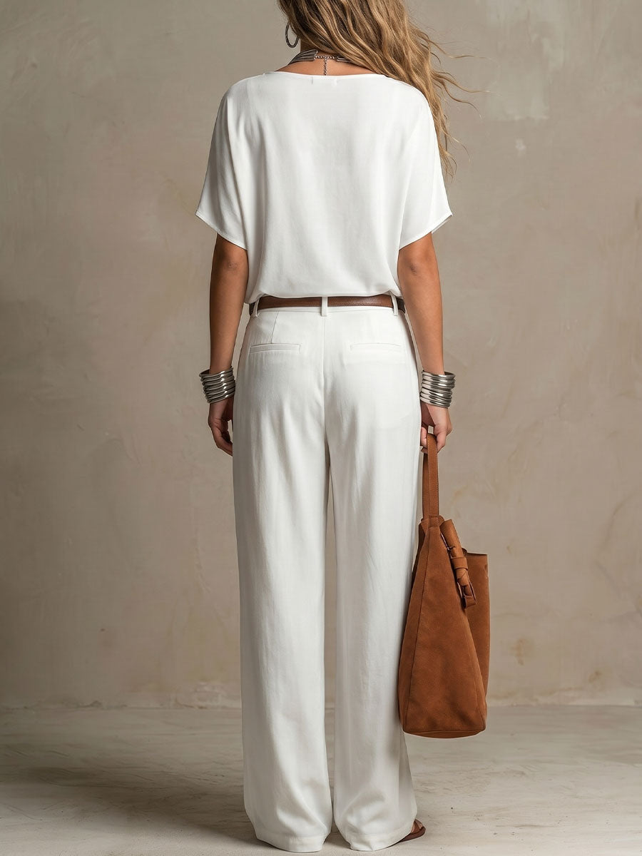 Women's Drapey Cowl Neck Short-sleeve Cotton-linen Top And Pants Set