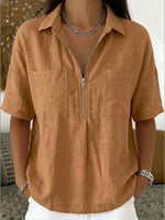 Camicia casual in lino e cotone con mezza zip