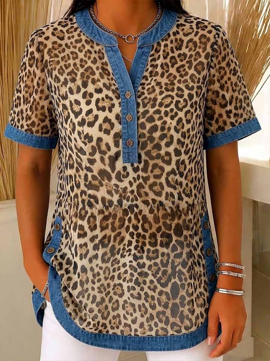 Women's V-neck Short-sleeve Casual Loose Denim Top With Leopard Print Paneling