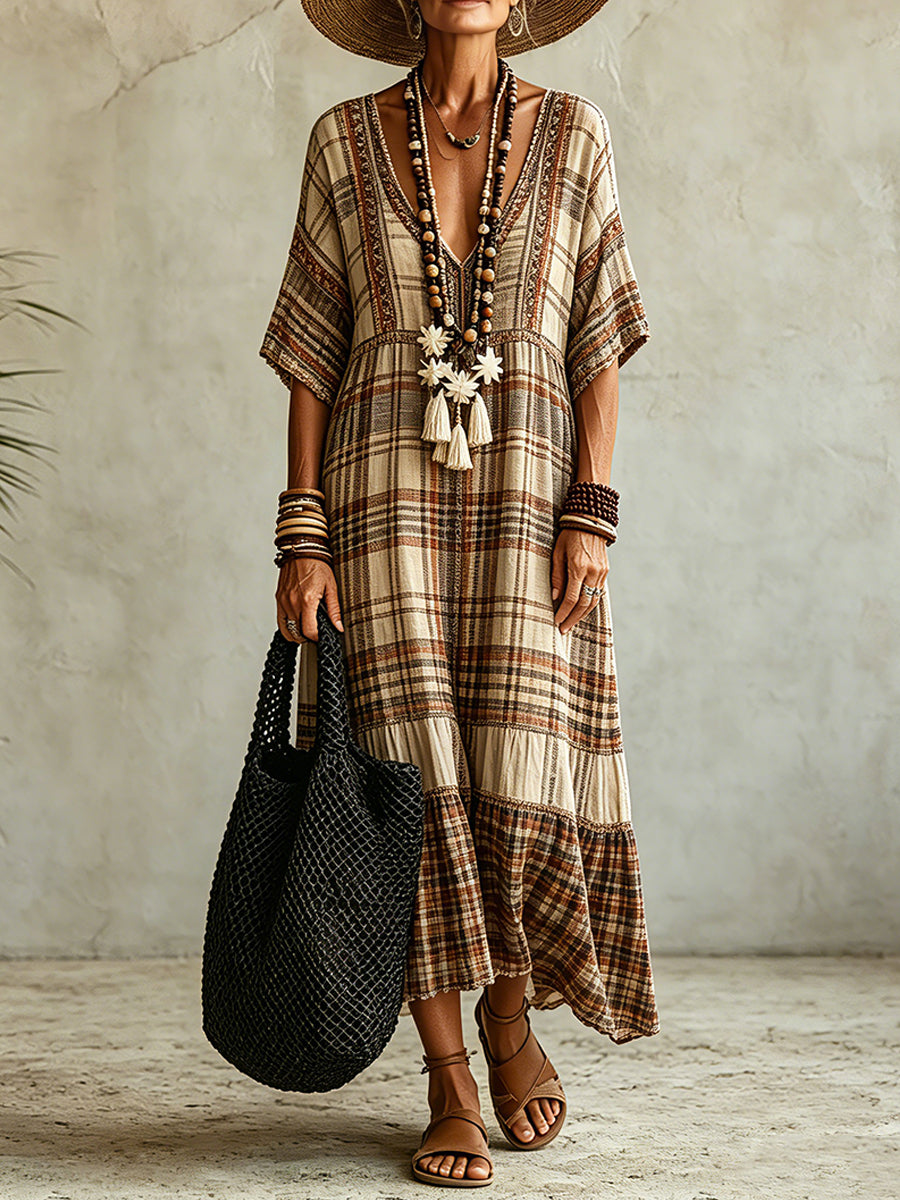 Plaid-paneled V-neck Drop-shoulder Cotton-linen Dress With Flared Hem And Mid-length Sleeves
