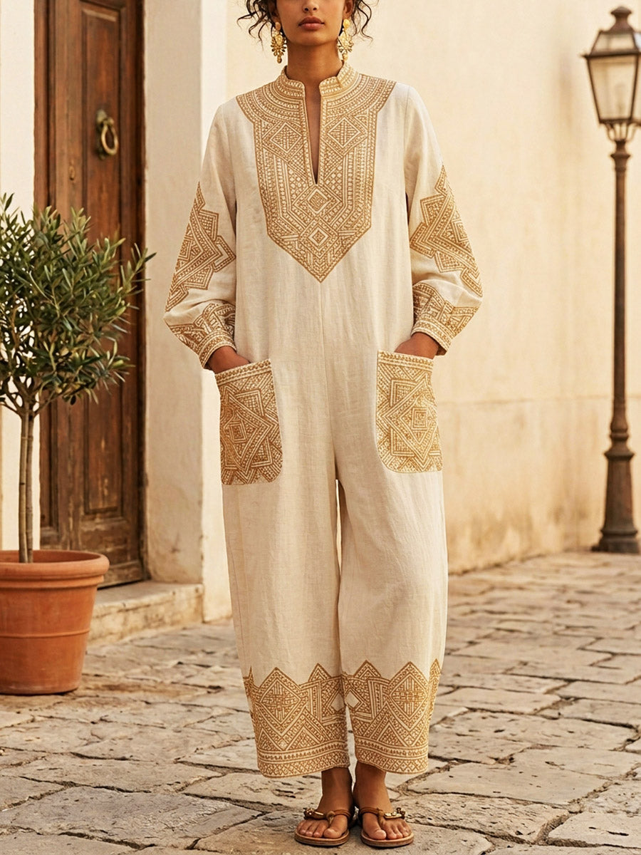 Women's Ethnic Pattern Art Casual Stylish Elegant Long Sleeve Cotton Linen Jumpsuit