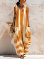 Vertical-striped V-neck Sleeveless Cotton Jumpsuit With Large Patch Pockets And A Loose Fit.