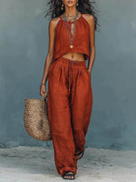 Women's Solid-color Cotton-linen Set: Round-neck Sleeveless Loose-fit Top & High-waisted Wide-leg Pants
