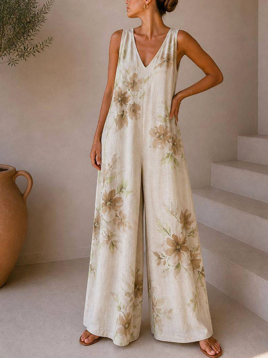 Women's Vintage Print V-neck Sleeveless Casual Loose Cotton-linen Wide-leg Jumpsuit