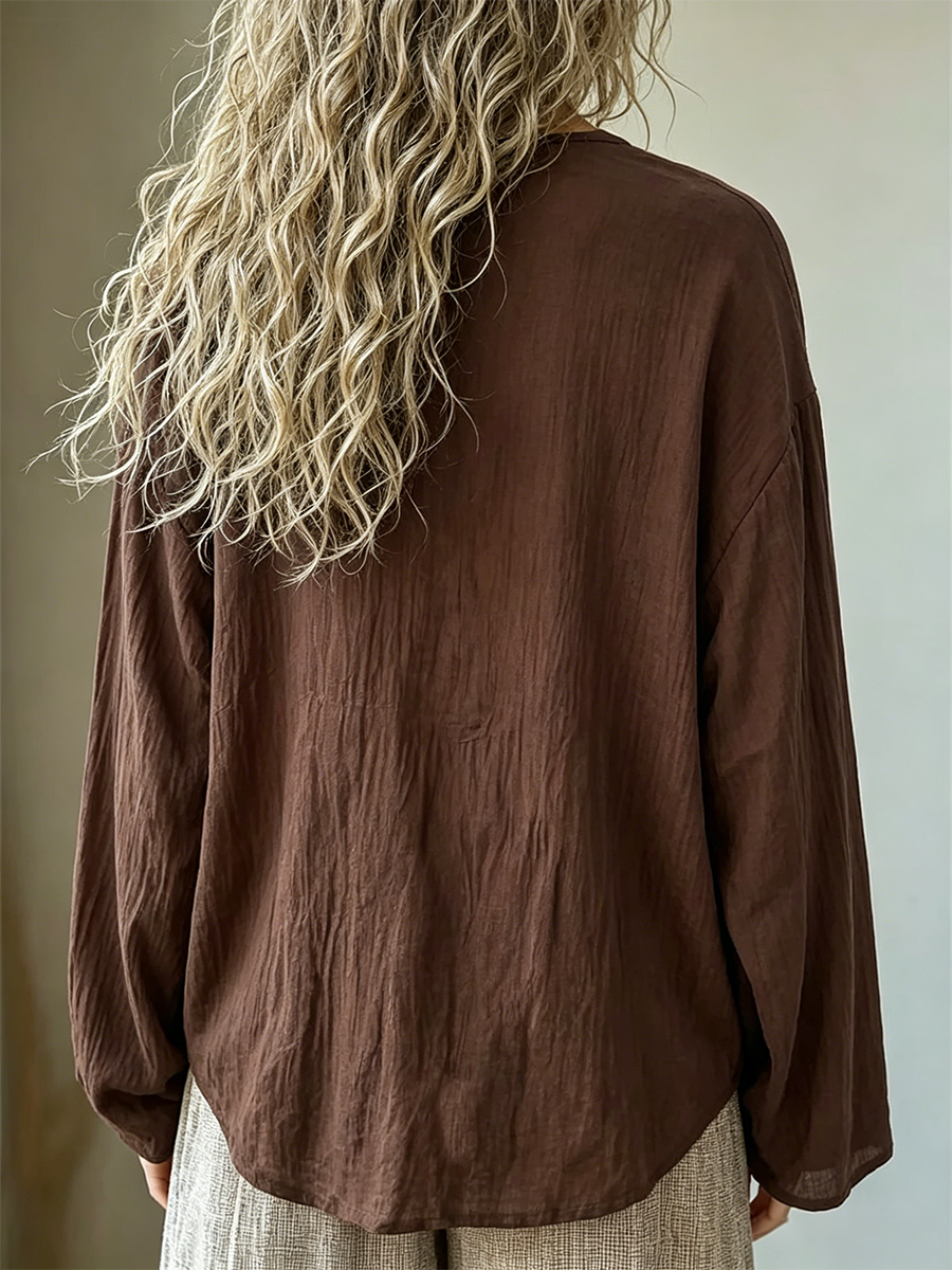Openwork Appliqué V-neck Long-sleeve Cotton-linen Top With Roll-up Sleeves
