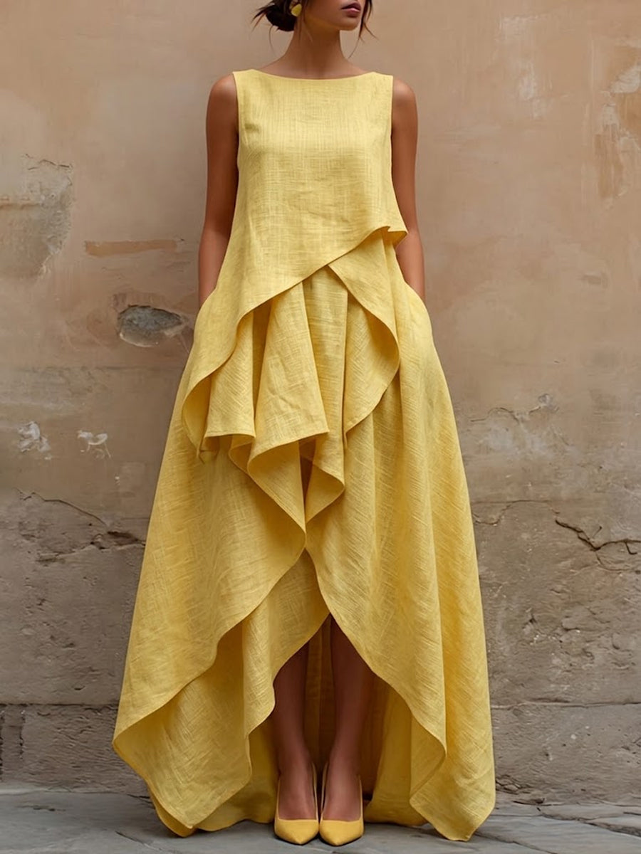 Women's Sleeveless Cotton-linen Dress With Irregular Cut Design