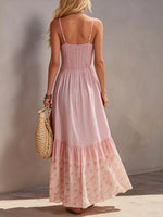 Women's Pink Striped Patchwork Chiffon Printed Maxi Dress With Spaghetti Straps