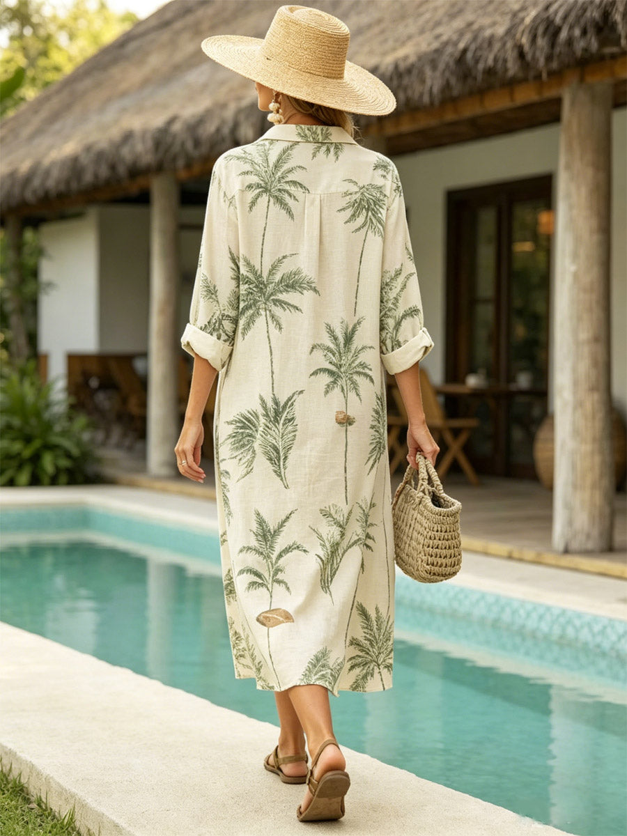 Women's Floral Art Print Casual Vacation Cotton Linen Shirt Dress