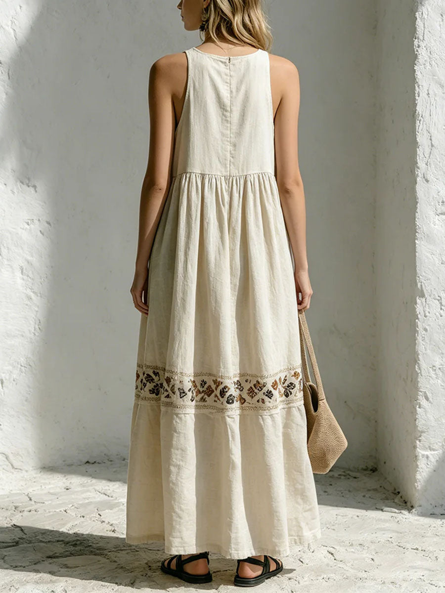Women's Casual Loose Cotton-linen Dress — Crew Neck Sleeveless With Placement Print