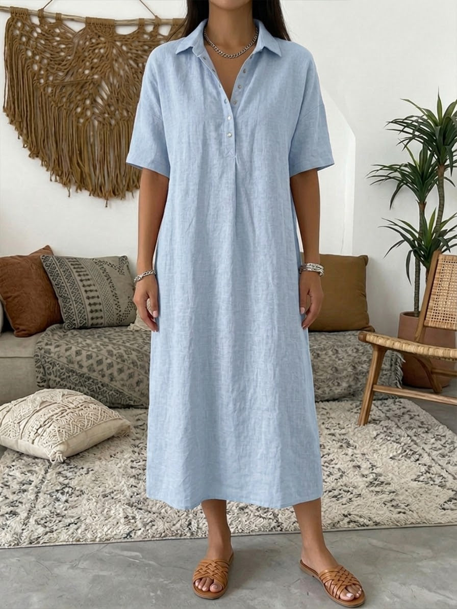Abito casual a maniche corte in lino e cotone con colletto polo.