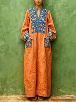 Women's Retro Ethnic Floral Pattern Art Print Casual Cotton Linen Dress
