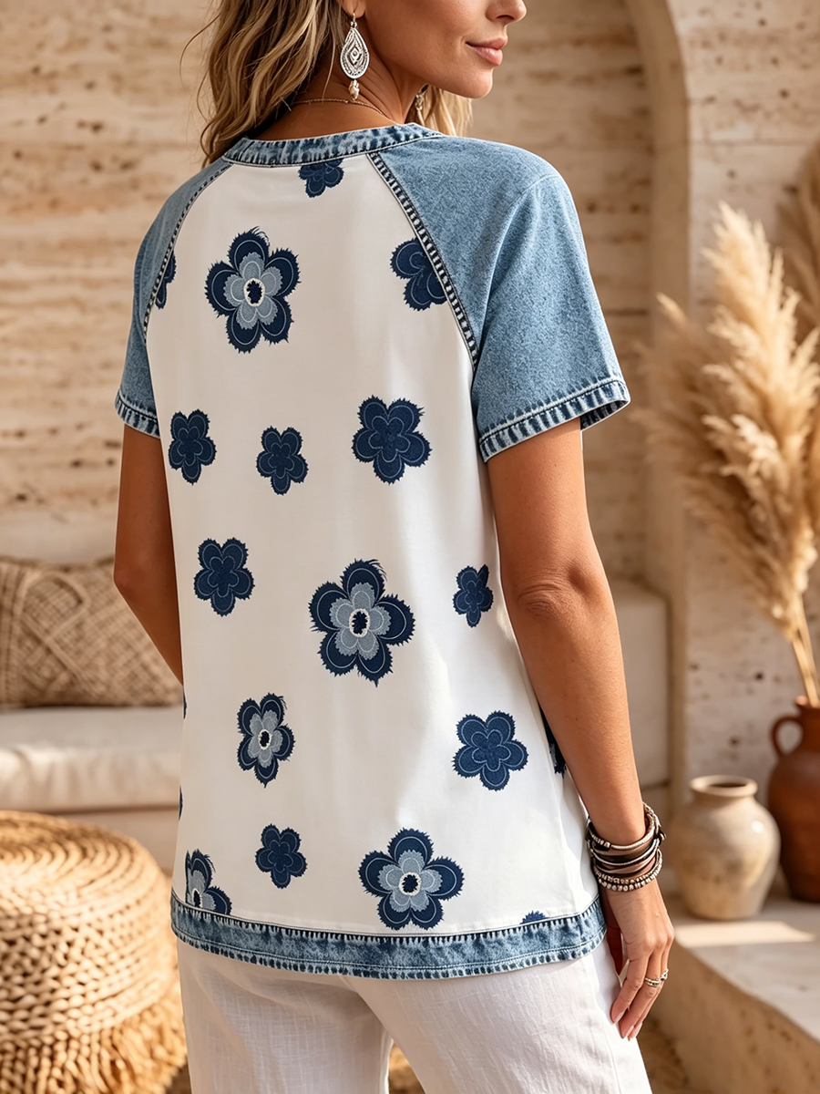 Casual Floral-print Denim-paneled Top
