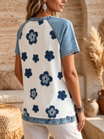 Casual Floral-print Denim-paneled Top