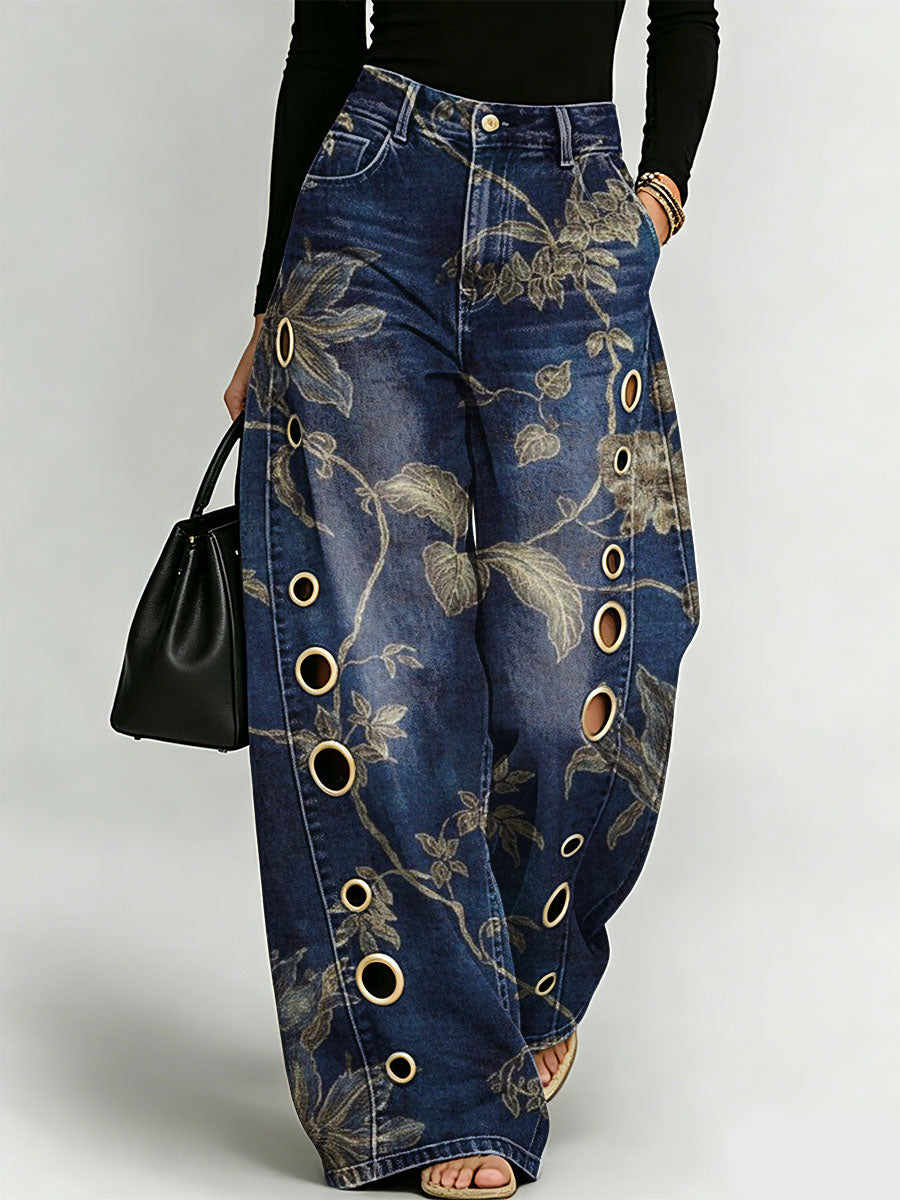 Women's Vintage And Elegant Floral And Botanical Decorative Patterns Cotton Denim Pants