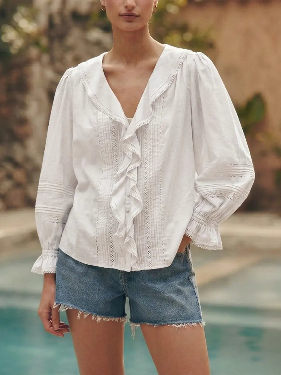 Bohemian Frill Front Button Down Shirt, Puff Sleeve Hollow Out Eyelet Peasant Blouse For Vacation Daily Wear
