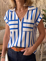 Women's Striped V-neck Short-sleeve Casual Loose Cotton-linen Shirt