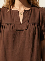 Lace Trim Puff Sleeve Linen Midi Dress