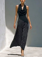 Stylish Sleeveless Cowl-neck Top With Asymmetrical Hem & Striped Wide-leg Pants Two-piece Set