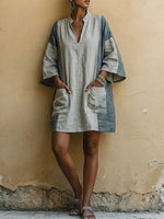 Women's Minimalist Stand-up Collar Cotton Linen Pocket Dress