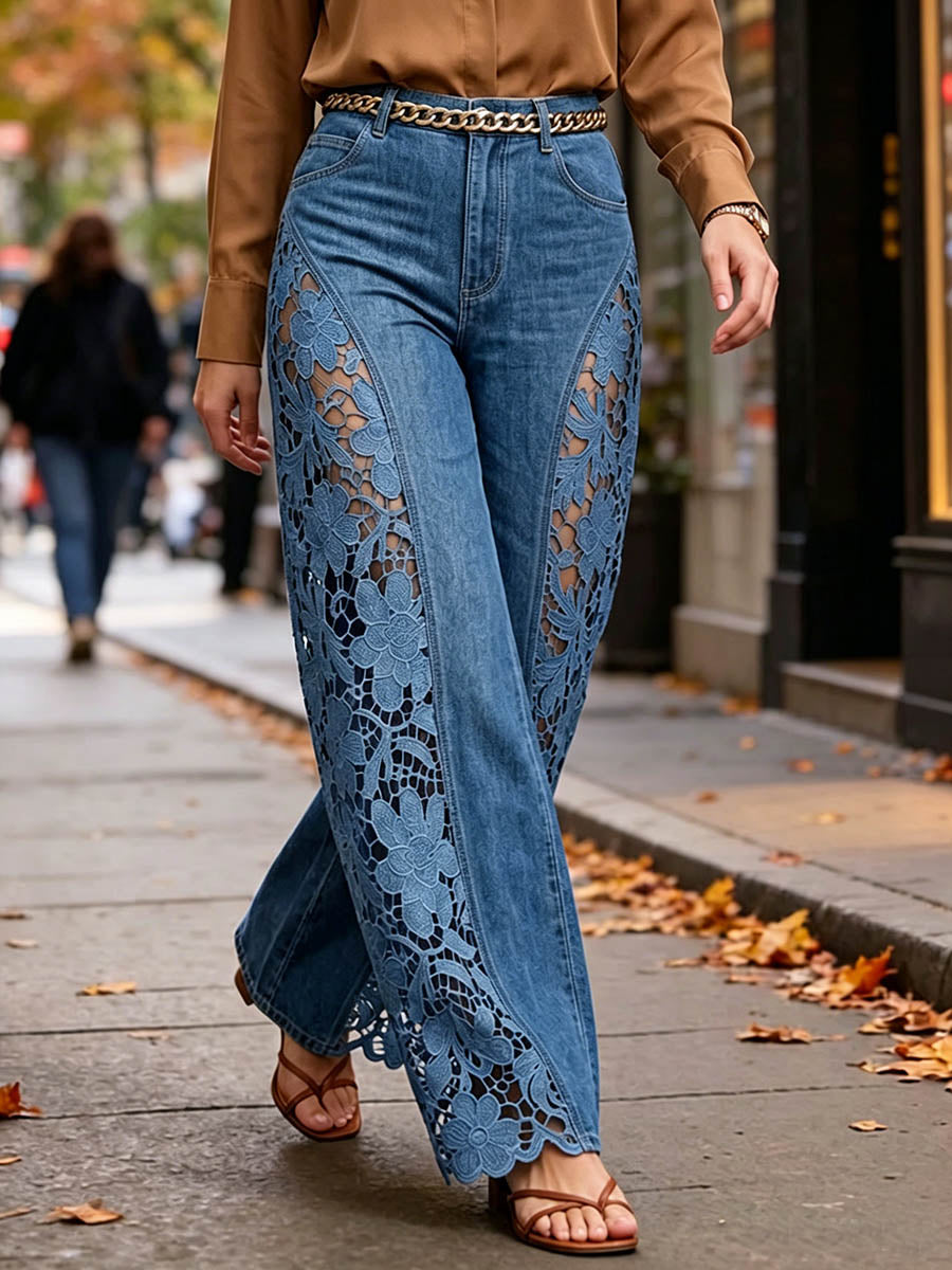 Women's High-waisted Loose-fit Wide-leg Jeans With Lace Embroidery Paneling