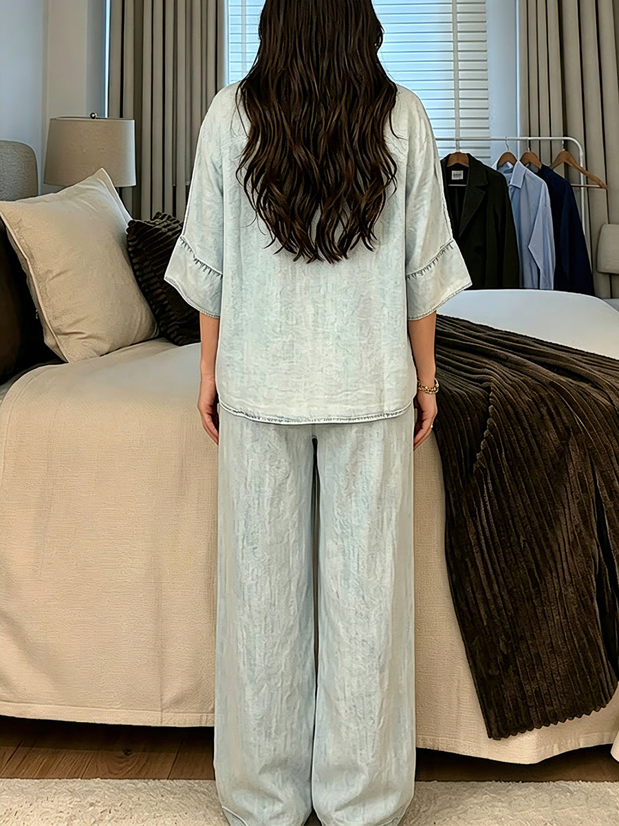 Women's Loungewear Set: Loose-Fit Short-Sleeve Button-Down Shirt & Elastic-Waist Wide-Leg Pants