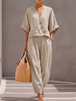 Casual Linen And Cotton Button-up Top And Trousers Two-piece Set