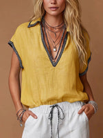 Women's V-neck Short-sleeve Casual Loose Cotton-linen Top