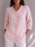 Rose Pink Cotton-linen Shirt With Ruffled Collar