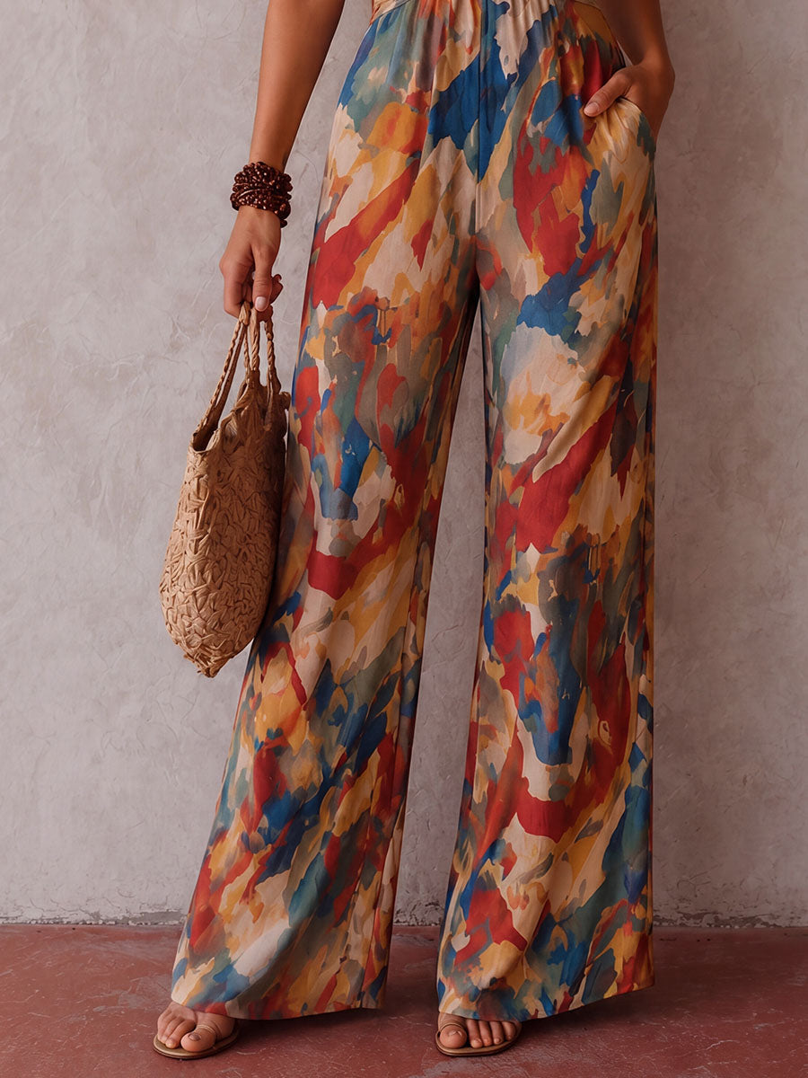 Watercolor Print Cut-out Ring Waist Jumpsuit