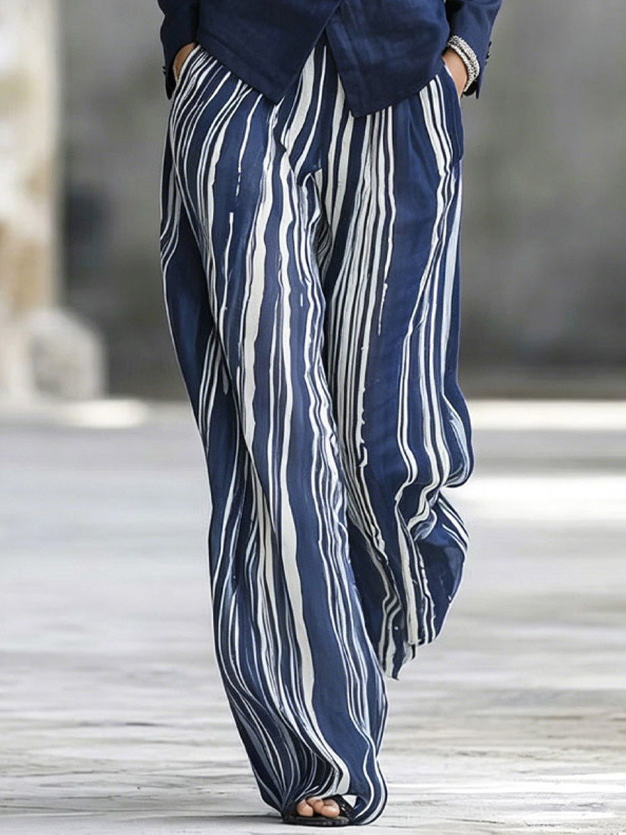 Women's Art Comfortable Casual Long Sleeve Top And Striped Pants Cotton Linen Two-piece Set