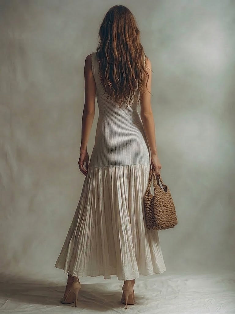 Cozy & Simple Sleeveless Dress With Chiffon And Knit Paneling