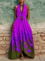 Women's Casual Loose Cotton-linen Dress With Placement Print Stand Collar And Sleeveless Design