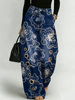 Women's Vintage And Elegant Floral And Botanical Decorative Patterns Cotton Denim Pants