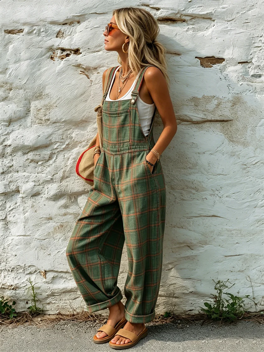 Casual Retro Plaid Cotton Overalls