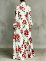 Classic Rose Floral Print Dress — Featuring A Turn-down Collar, Cinched Waist, And Flared Skirt