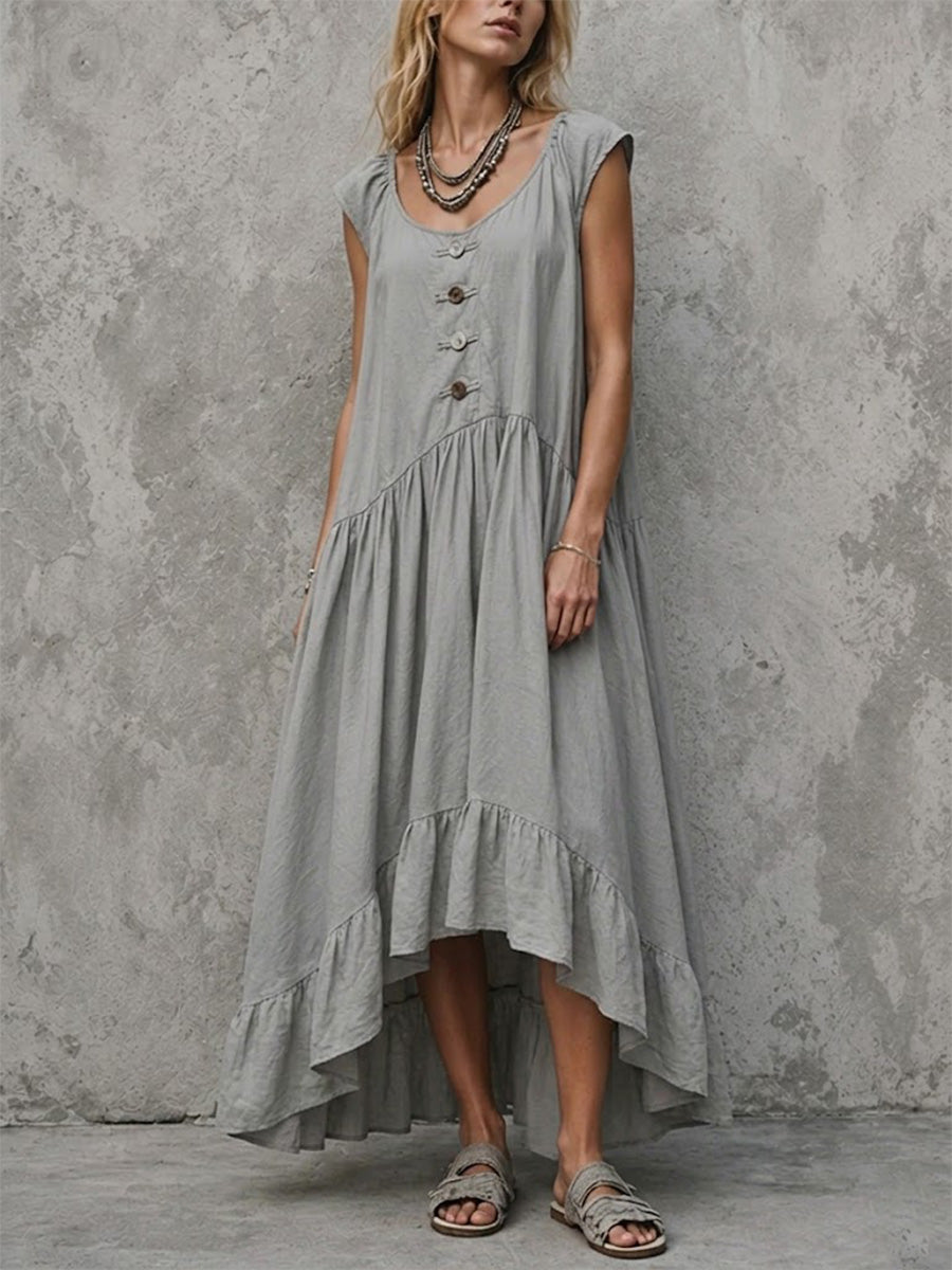 Cotton-linen Long Dress With Cap Sleeves, Button-front Placket, And Asymmetrical Ruffled Hem
