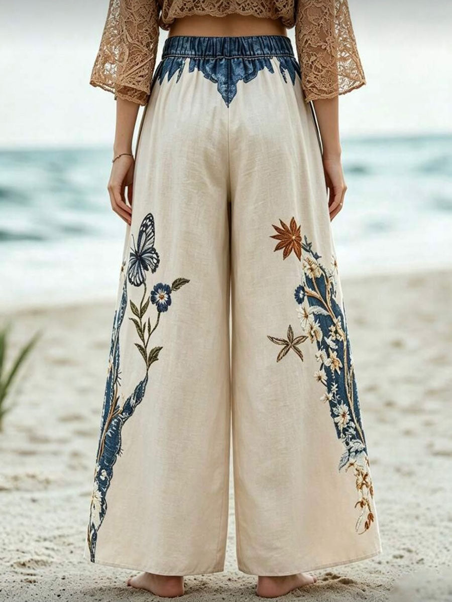 Women's High-waisted Loose-fit Wide-leg Trousers — Casual Cotton-linen Blend With Placement Print