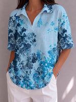 Artistic Watercolor-effect Floral Print Polo Collar Cotton-linen Shirt Top