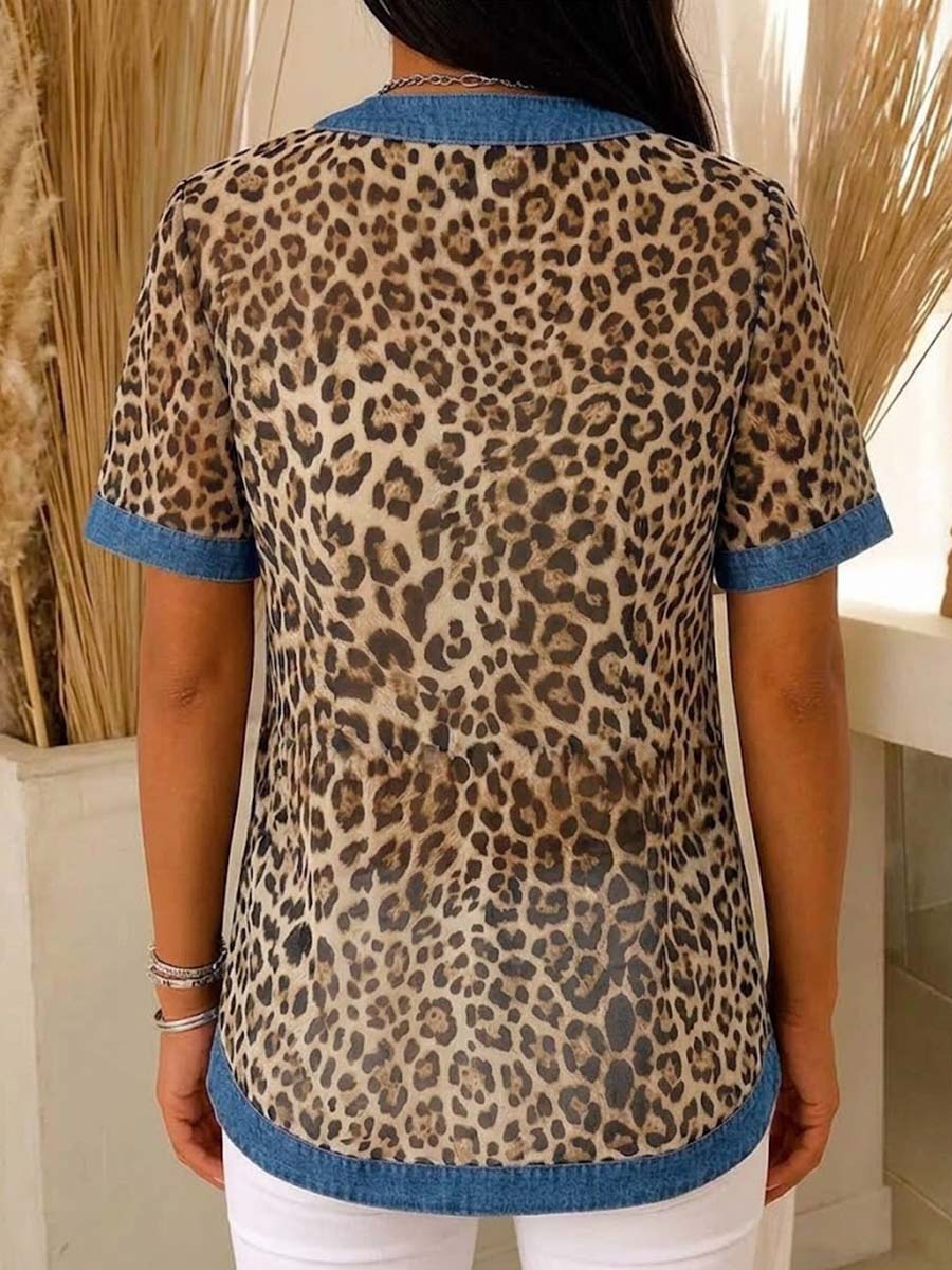Women's V-neck Short-sleeve Casual Loose Denim Top With Leopard Print Paneling