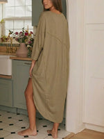 Women V Neck Long Sleeve Loose Midi Dress,Asymmetric Irregular Hem Casual Loungewear Nightshirt for Home Daily
